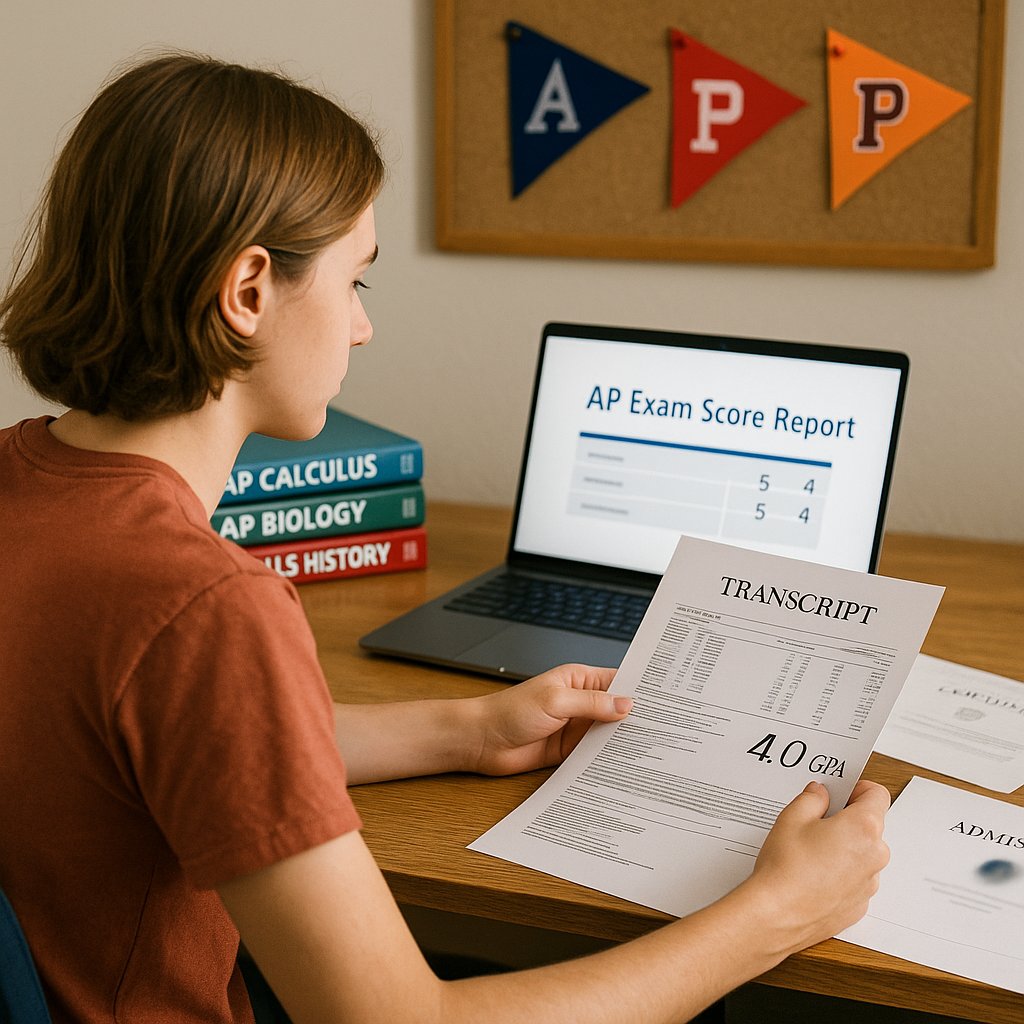 Student reviews AP exam scores on laptop with AP textbooks and 4.0 GPA transcript, symbolizing college admissions need proof beyond grades.